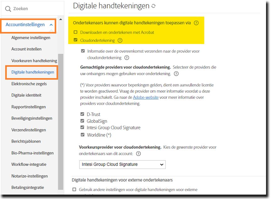 De pagina Configuratie digitale handtekening met de opties Downloaden en Cloudhandtekening gemarkeerd.