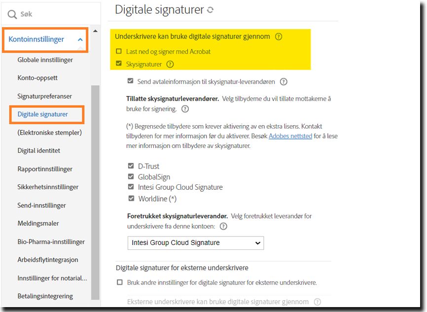 Konfigurasjonssiden for digital signatur med alternativene Last ned og Skysignatur uthevet.