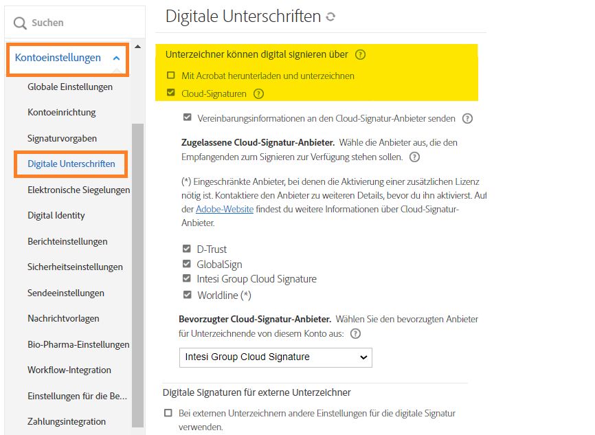 Die Seite „Konfiguration für digitale Signaturen“, auf der die Optionen „Herunterladen“ und „Cloud-Signatur“ hervorgehoben sind.