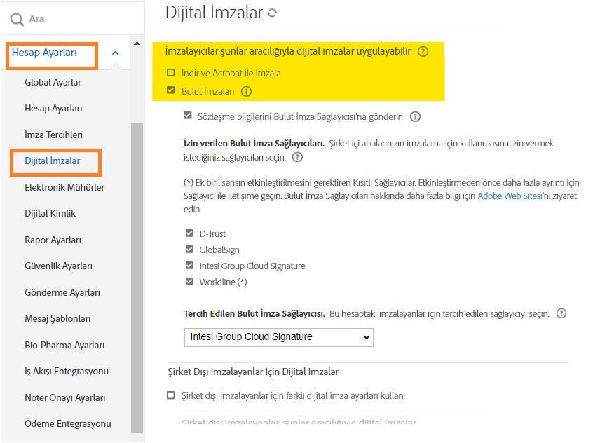 İndir ve Bulut İmzası seçenekleri vurgulanmış olarak Dijital İmza yapılandırma sayfası.