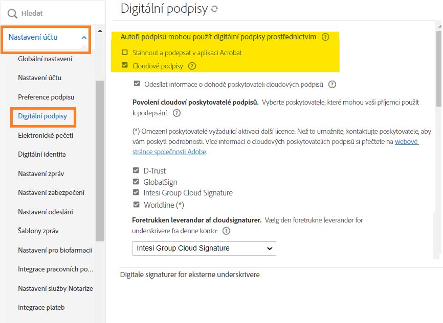 Stránka konfigurace digitálního podpisu se zvýrazněnými možnostmi Stáhnout a Cloudový podpis.