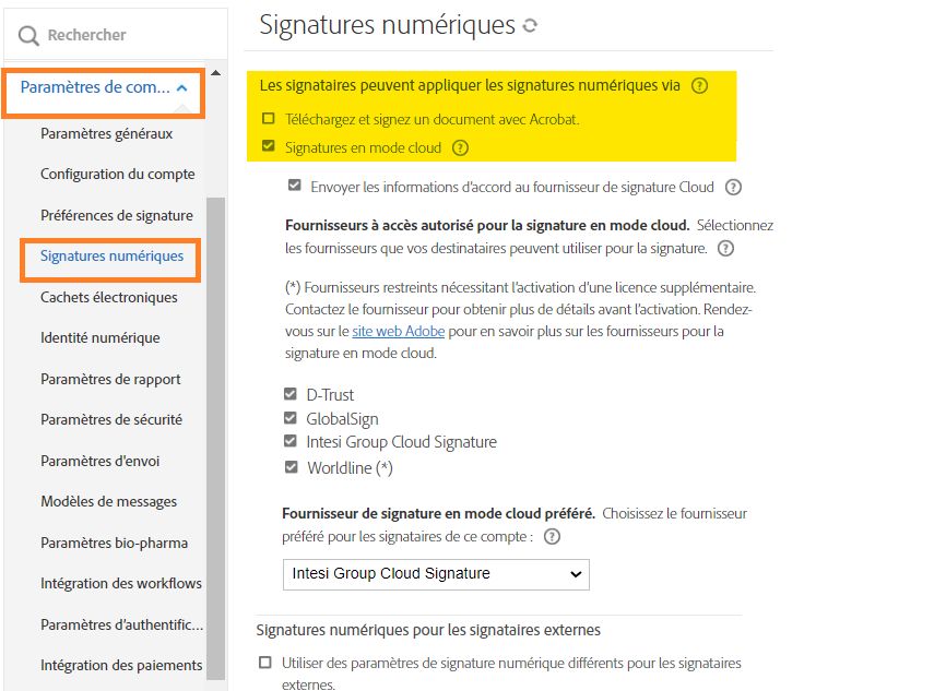 Page de configuration Signature numérique avec les options Télécharger et Signature dans le cloud mises en évidence.