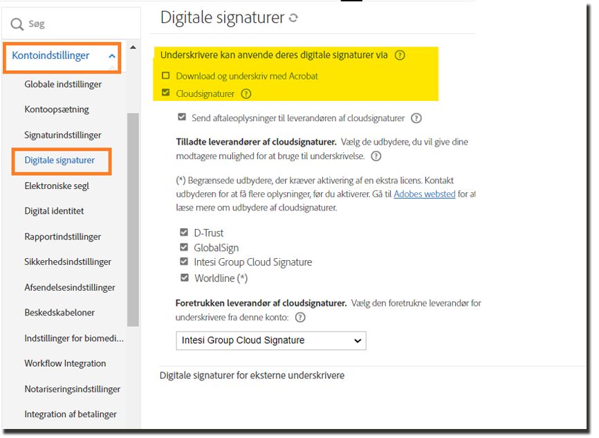 Konfigurationssiden for digitale signaturer med indstillingerne Download og Cloud-signatur fremhævet.