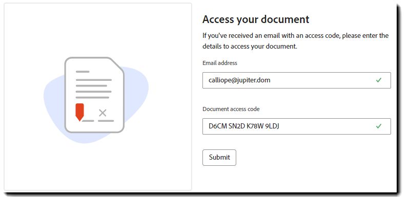 La página &quot;Accede a tu documento&quot; con los campos de correo electrónico y código de acceso rellenados.