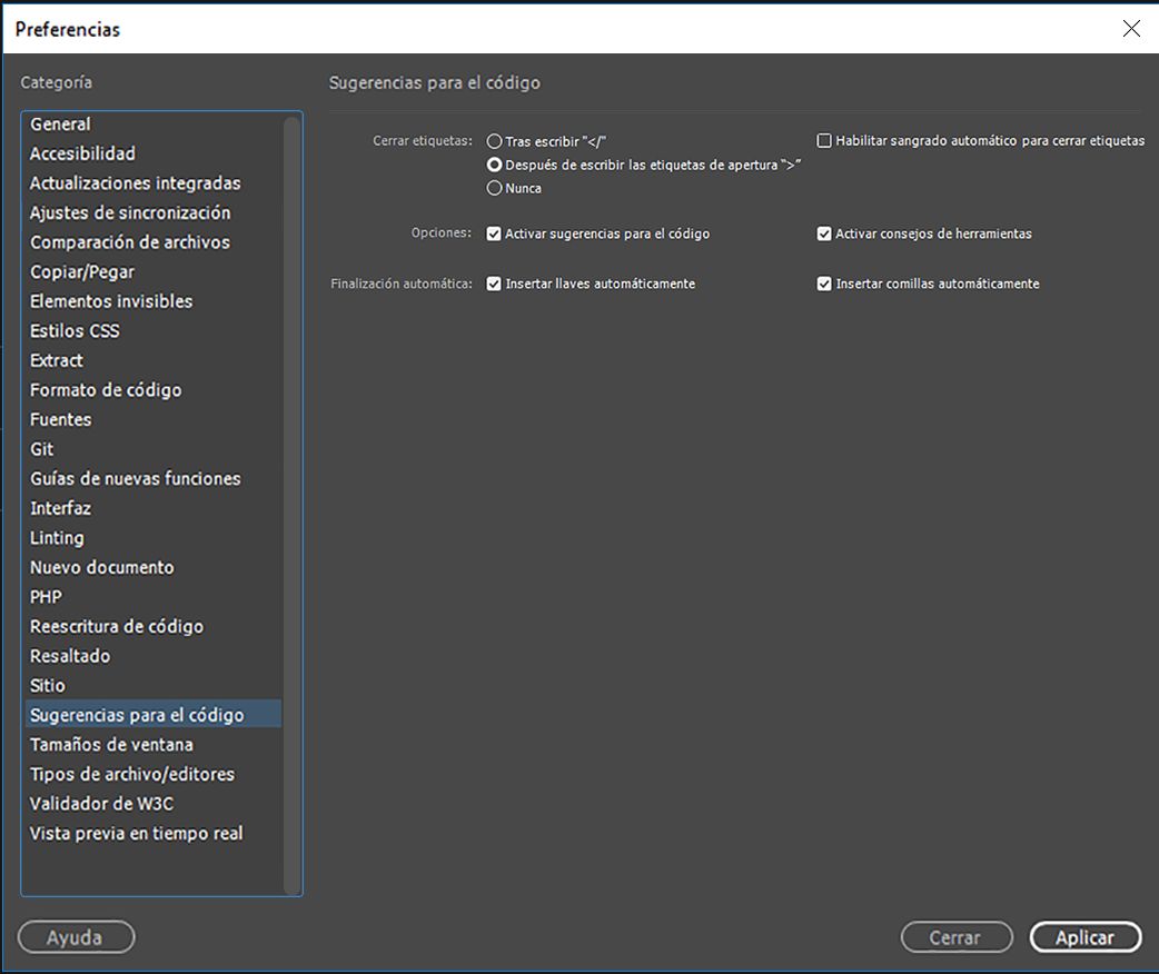 Preferencias de sugerencias de código
