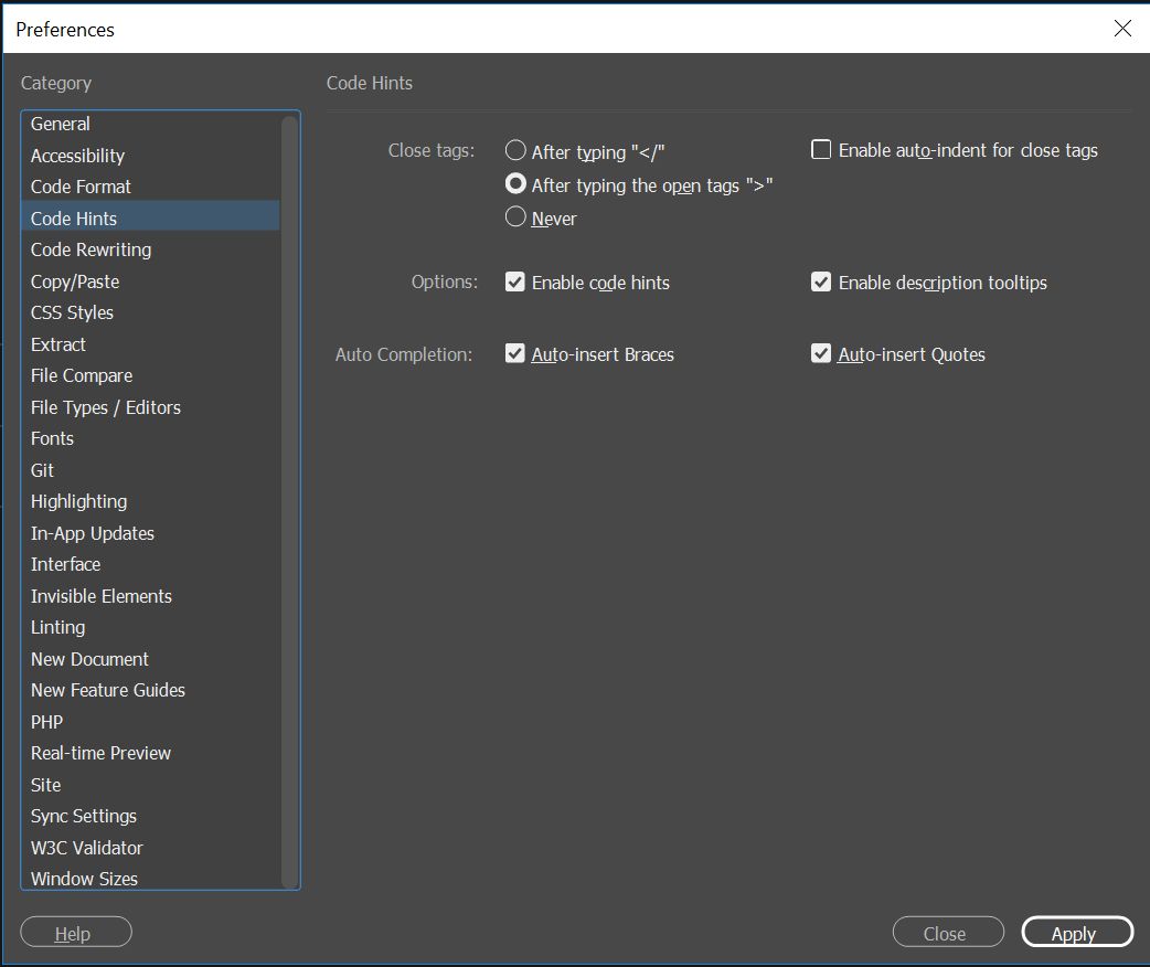 تفضيلات تلميحات التعليمات البرمجية