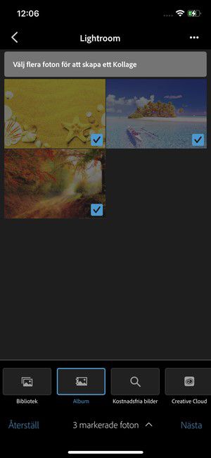 Tre teckningar av personer väljs ut i mappen Album för att användas i kollaget. Det visas genom blå bockmarkeringar.