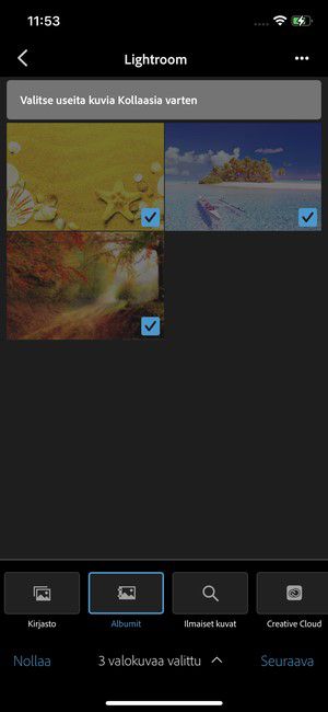 Albumit-kansiosta valitaan kolme sinisellä valintamerkillä merkittyä piirrosta ihmisistä kollaasissa käytettäväksi.
