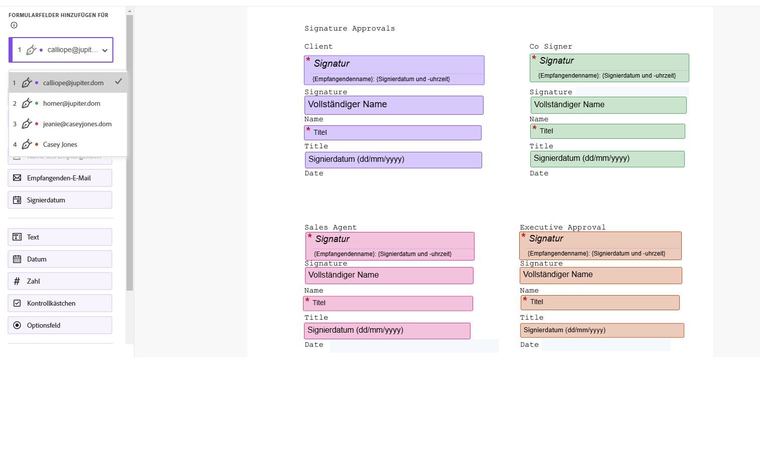 Die Drag-and-Drop-Authoring-Umgebung mit einer Liste von Empfangenden mit entsprechend farbcodierten Feldern/