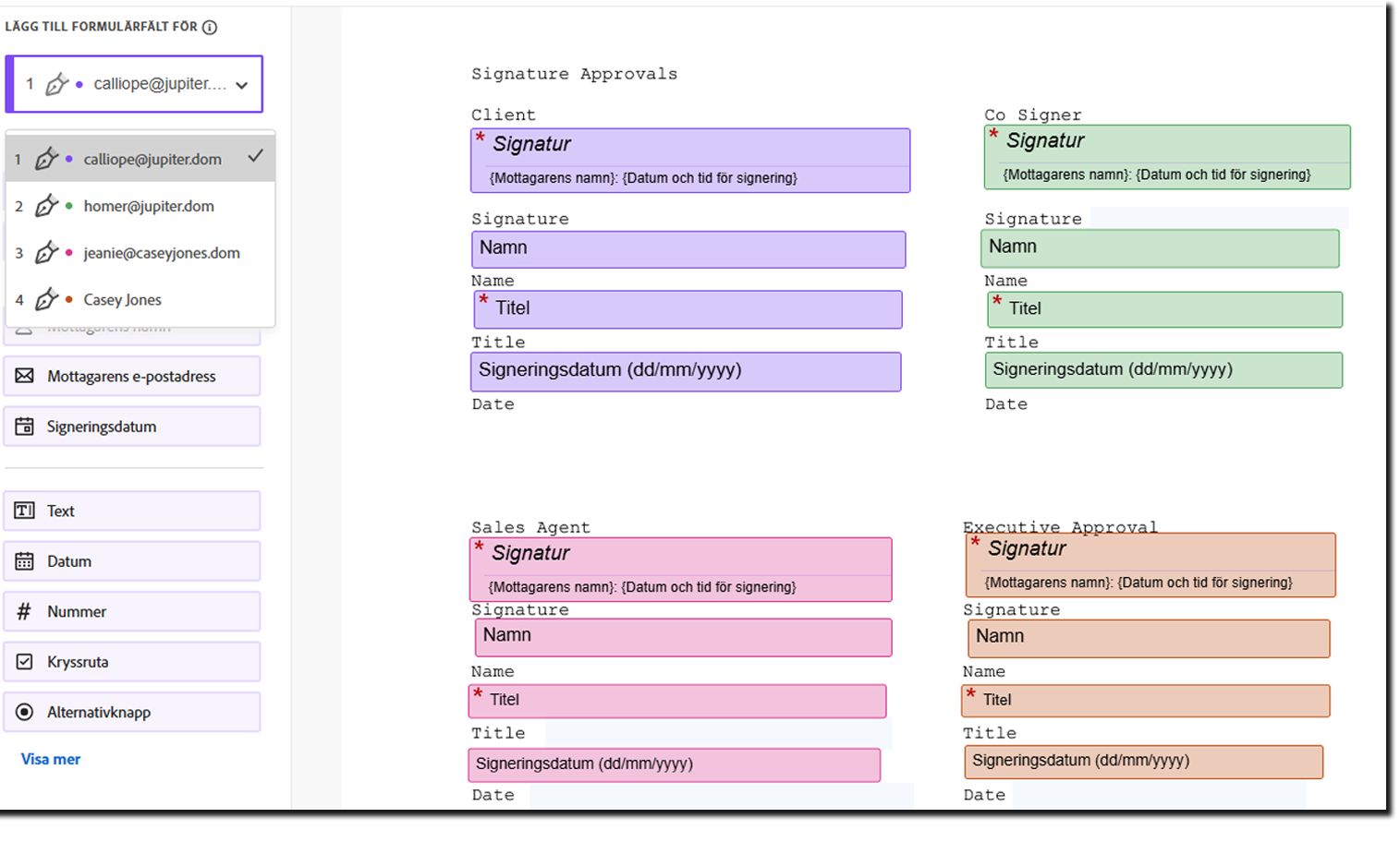 Redigeringsmiljön med dra och släpp visar en lista över mottagare med deras motsvarande färgkodade fält/