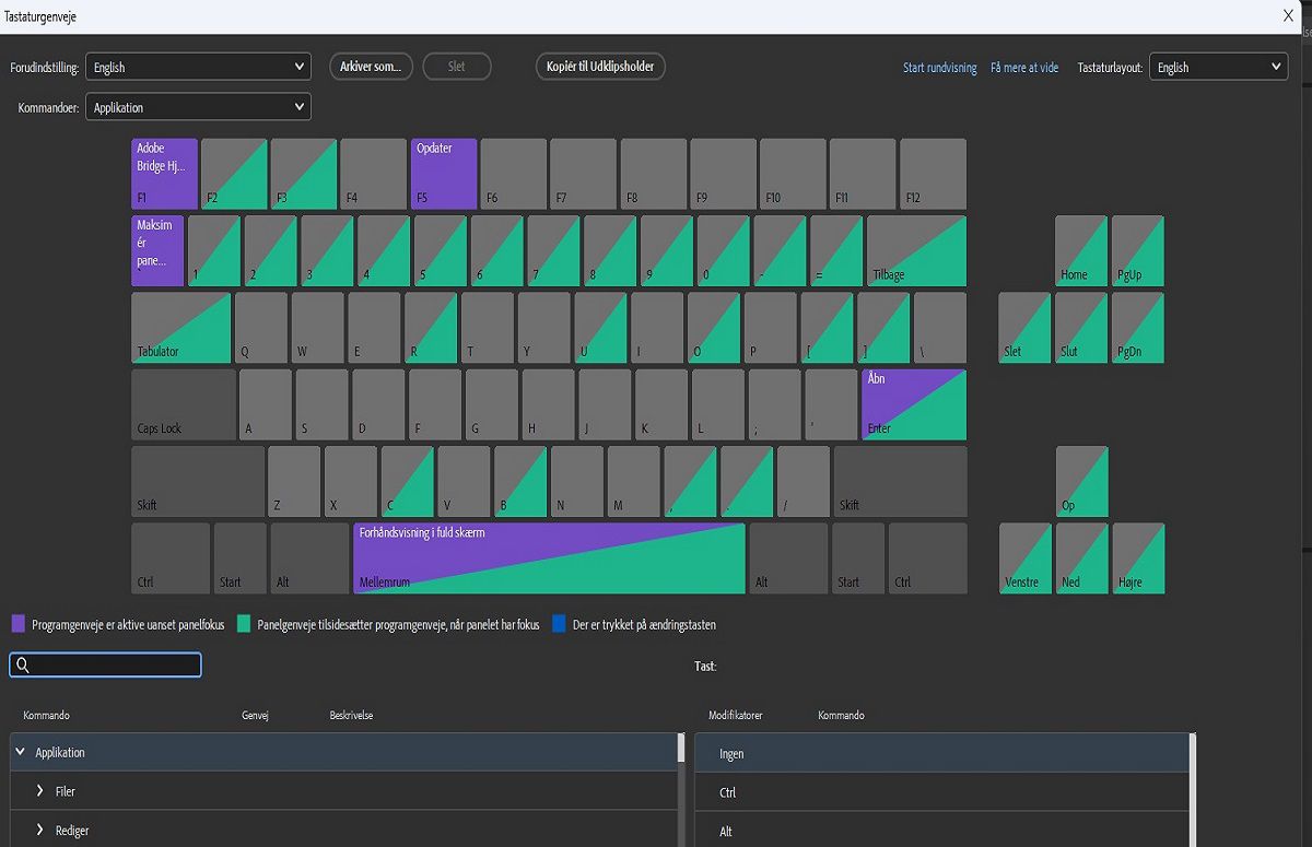 Se forskellige farvekoder i panelet Tastaturgenveje for nem identifikation.