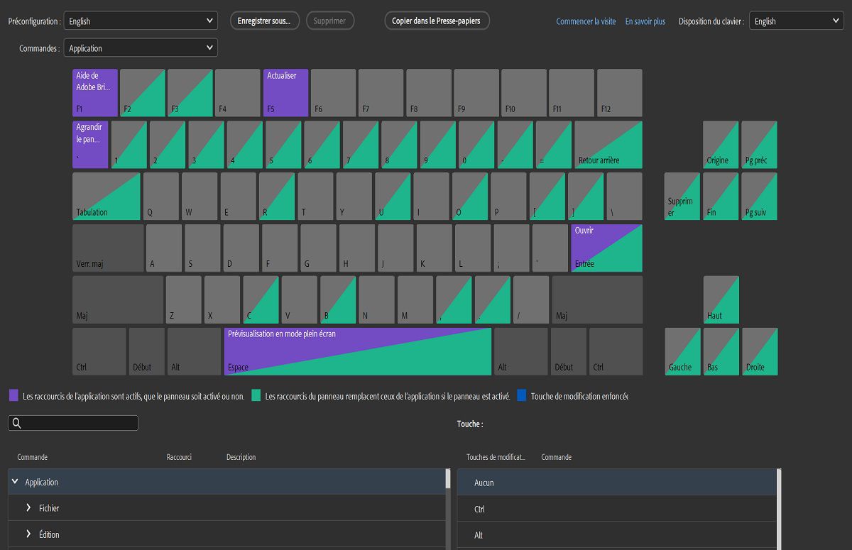 Explorez différents codes couleur dans le panneau Raccourcis clavier pour faciliter l’identification.