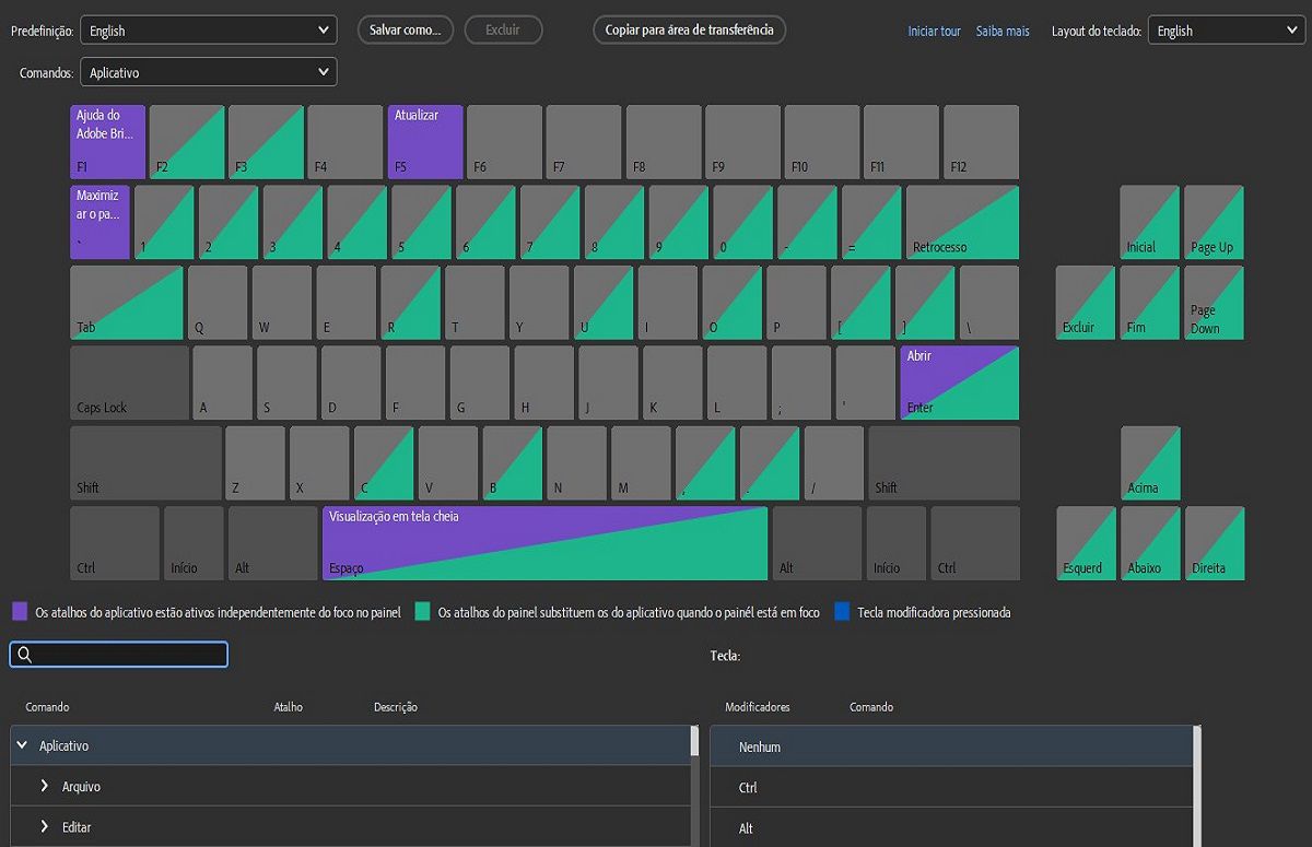 Explore a codificação por cores diferentes no painel Atalhos do teclado para facilitar a identificação.