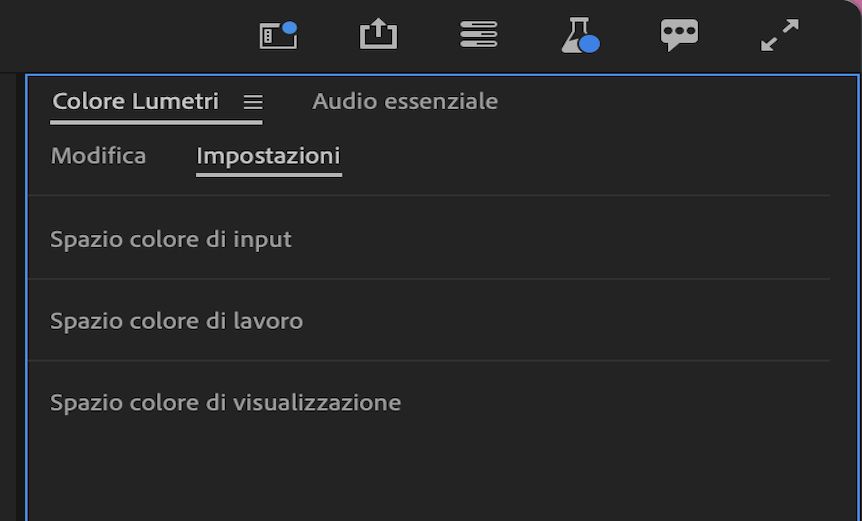 L’interfaccia utente di Colore Lumetri mostra le impostazioni che raggruppano lo spazio colore di input, lo spazio colore di lavoro e lo spazio colore di visualizzazione in Premiere Pro.