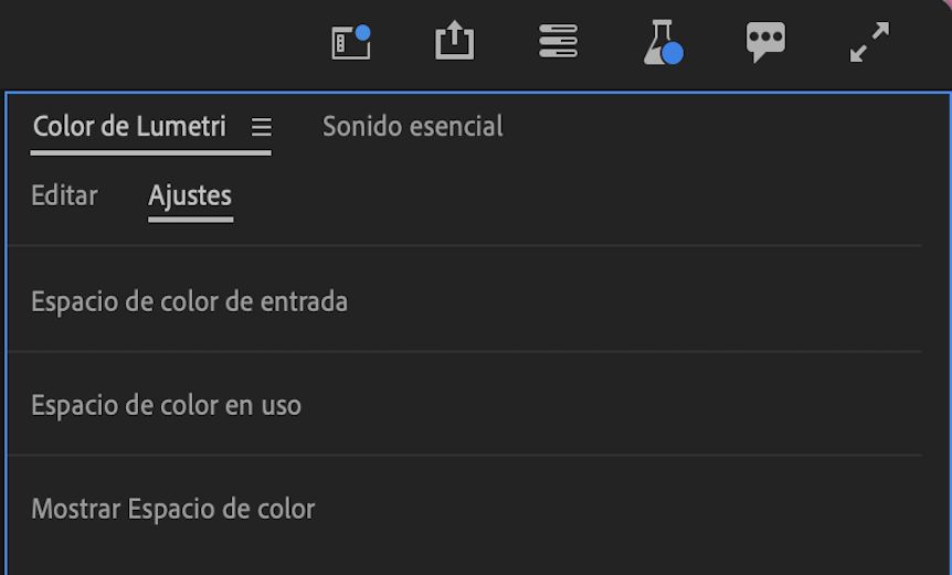 La interfaz de usuario de Color de Lumetri muestra los ajustes que consolidan el espacio de color de entrada, el espacio de color de trabajo y el espacio de color de visualización en Premiere Pro.