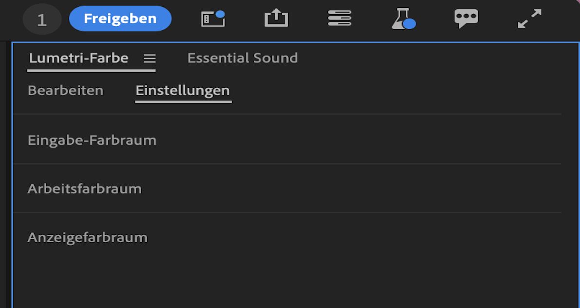 Die Benutzeroberfläche von „Lumetri-Farbe“ zeigt Einstellungen an, die den Eingabefarbraum, den Arbeitsfarbraum und den Anzeigefarbraum im gesamten Premiere Pro konsolidieren.