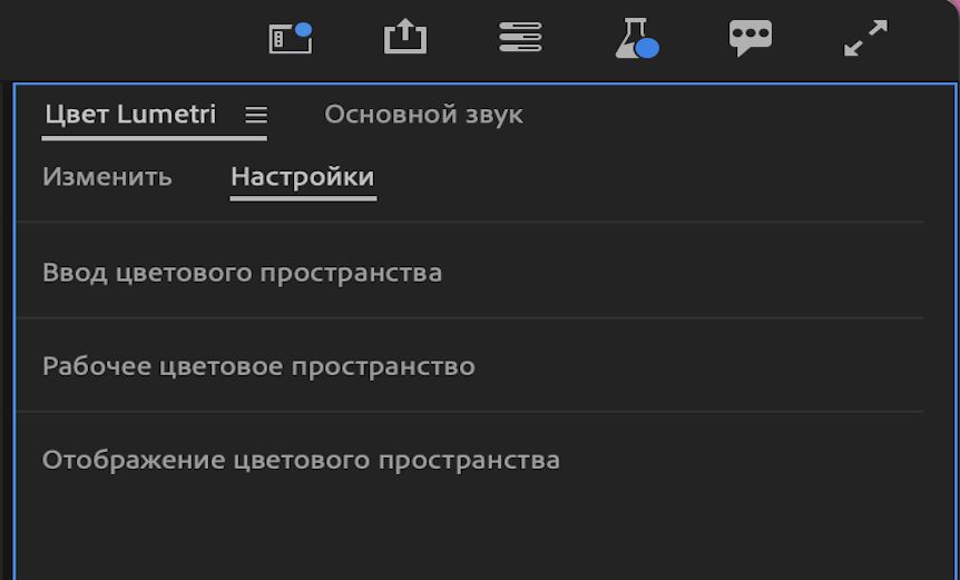 В пользовательском интерфейсе «Цвет Lumetri» показаны настройки, которые объединяют в Premiere Pro входное цветовое пространство, рабочее цветовое пространство и цветовое пространство дисплея.