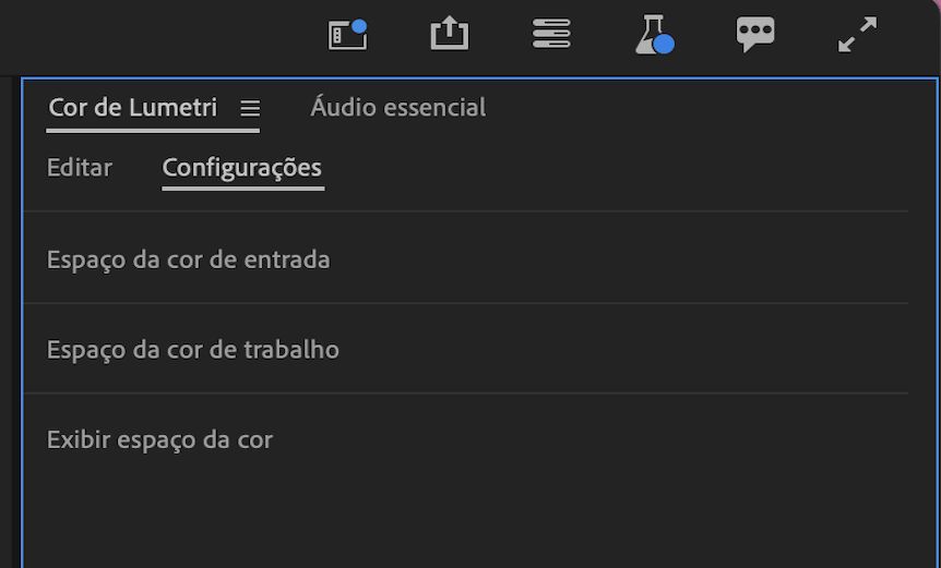A interface da Cor de Lumetri mostra configurações que consolidam o Espaço da cor de entrada, o Espaço de cor de trabalho e o Espaço da cor de exibição no Premiere Pro.
