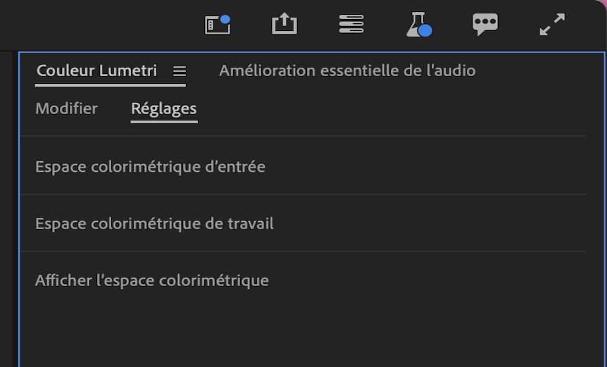 Tous les paramètres relatifs à l’espace colorimétrique d’entrée, l’espace colorimétrique de travail et l’espace colorimétrique d’affichage de Premiere Pro sont maintenant disponibles au sein du panneau Couleur Lumetri.