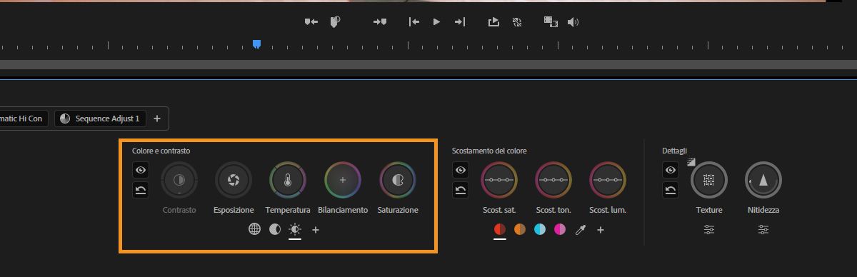 Controlli Colore e Contrasto che mostrano Esposizione, Temperatura, Bilanciamento e Saturazione per regolazioni basate su zone.