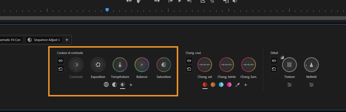 Contrôles Couleur et contraste affichant Exposition, Température, Balance et Saturation pour les réglages basés sur les zones.