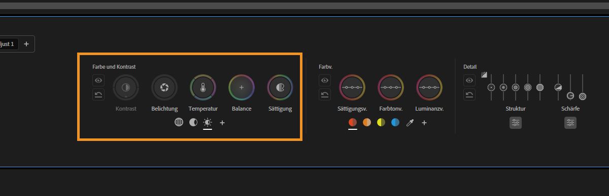 Steuerungen für Farbe & Kontrast zeigen Belichtung, Temperatur, Balance und Sättigung für zonenbasierte Korrekturen.
