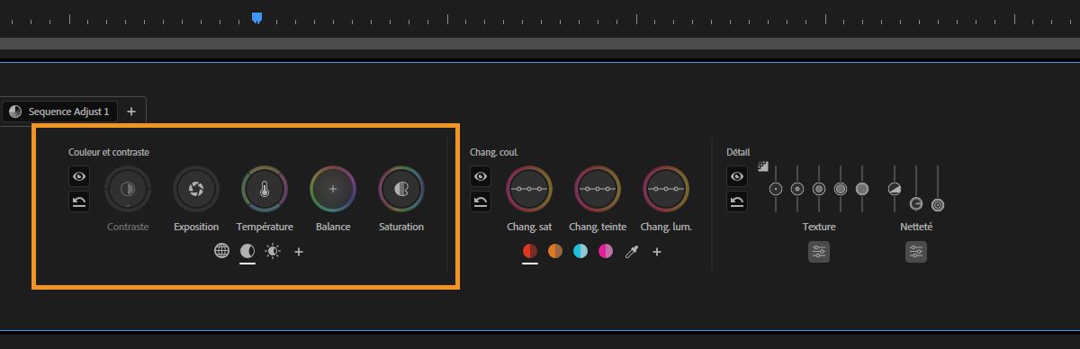 Contrôles Couleur et contraste avec options de zone pour ajuster des zones tonales spécifiques de l'image.