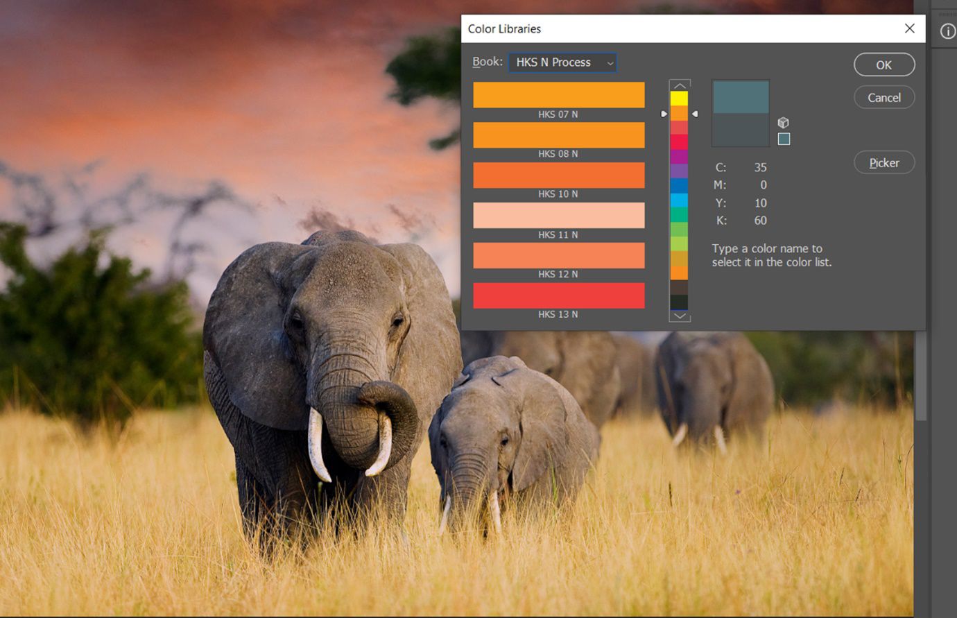 กล่องโต้ตอบไลบรารีสีจะแสดงตัวอย่างสี HKS N Process พร้อมเมนูดรอปดาวน์ Book และอินเทอร์เฟสการเลือกสีเพื่อเลือกสีเฉพาะจุด