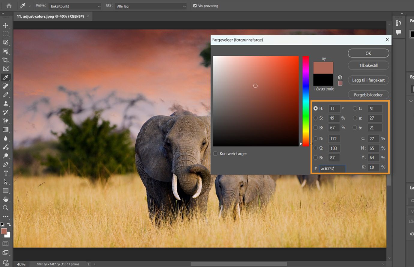 Fargevelger-dialog som viser HSB-fargevalg med kulør-, metnings- og lysstyrke-kontroller, og fargeverdi-panel som viser RGB, CMYK og options for heksadesimale verdier.