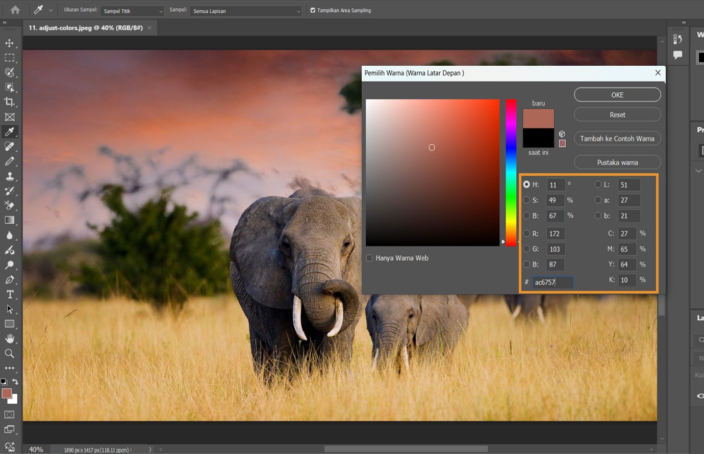 Kotak dialog Pemilih Warna menampilkan pemilihan warna HSB dengan kontrol rona, saturasi, dan kecerahan, serta panel nilai warna yang menampilkan opsi RGB, CMYK, dan hex.