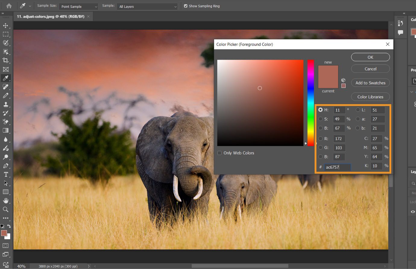 مربع الحوار Color Picker يعرض تحديد لون HSB مع عناصر التحكم في تدرج الألوان والتشبع والسطوع، ولوحة قيم الألوان تعرض خيارات RGB وCMYK والقيم السداسية العشرية.