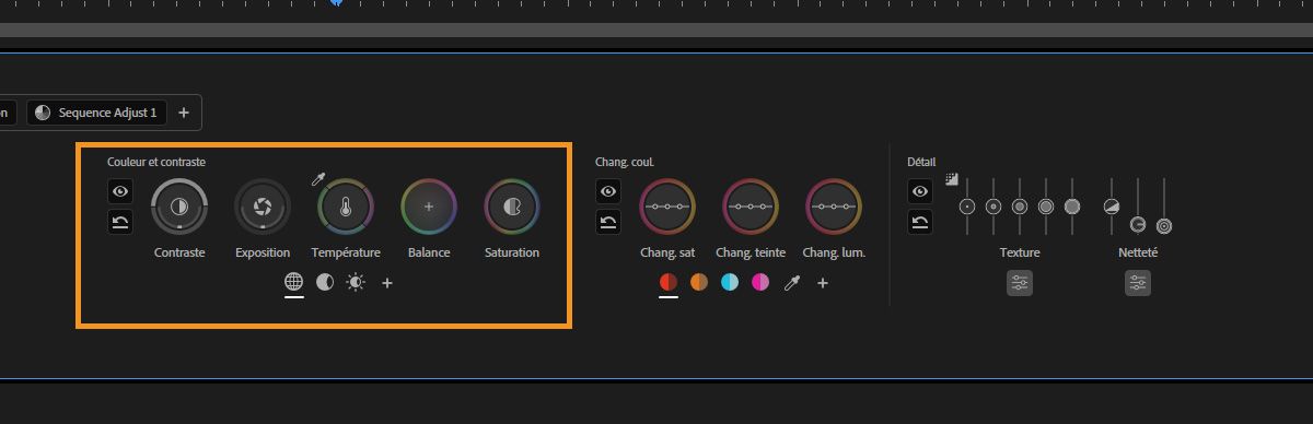 Panneau Outils couleur affichant les contrôles Couleur et Contraste, notamment le contraste, l'exposition, la température, l'équilibre et la saturation.