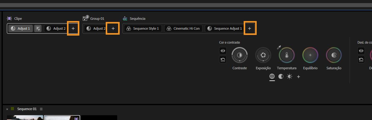 Painel Ferramentas de cor mostrando ícones de mais ao lado dos níveis de clipe, grupo e sequência para adicionar operações.