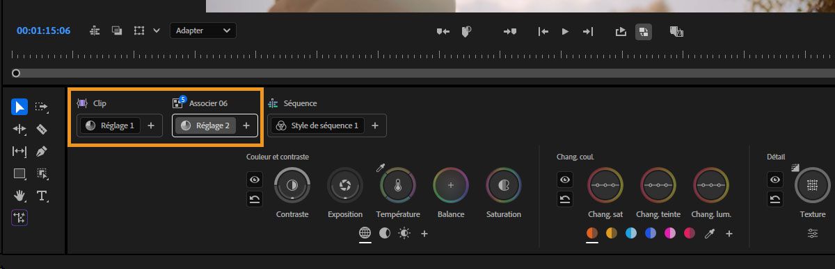 Panneau des outils de couleur avec les niveaux d'opération Clip et Groupe mis en surbrillance au-dessus des contrôles de réglage.