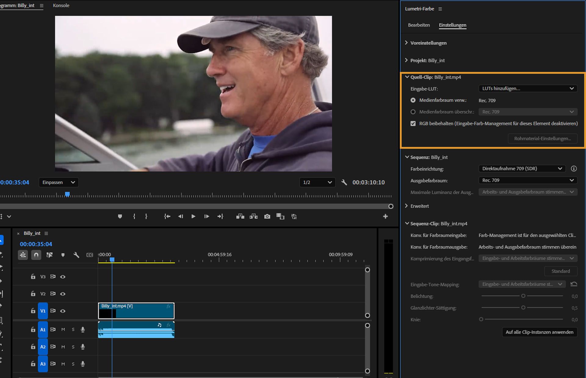 Greife auf die Steuerelemente „Quell-Clip“ zu, um deinen Clip genau zu kennzeichnen und zu bearbeiten.