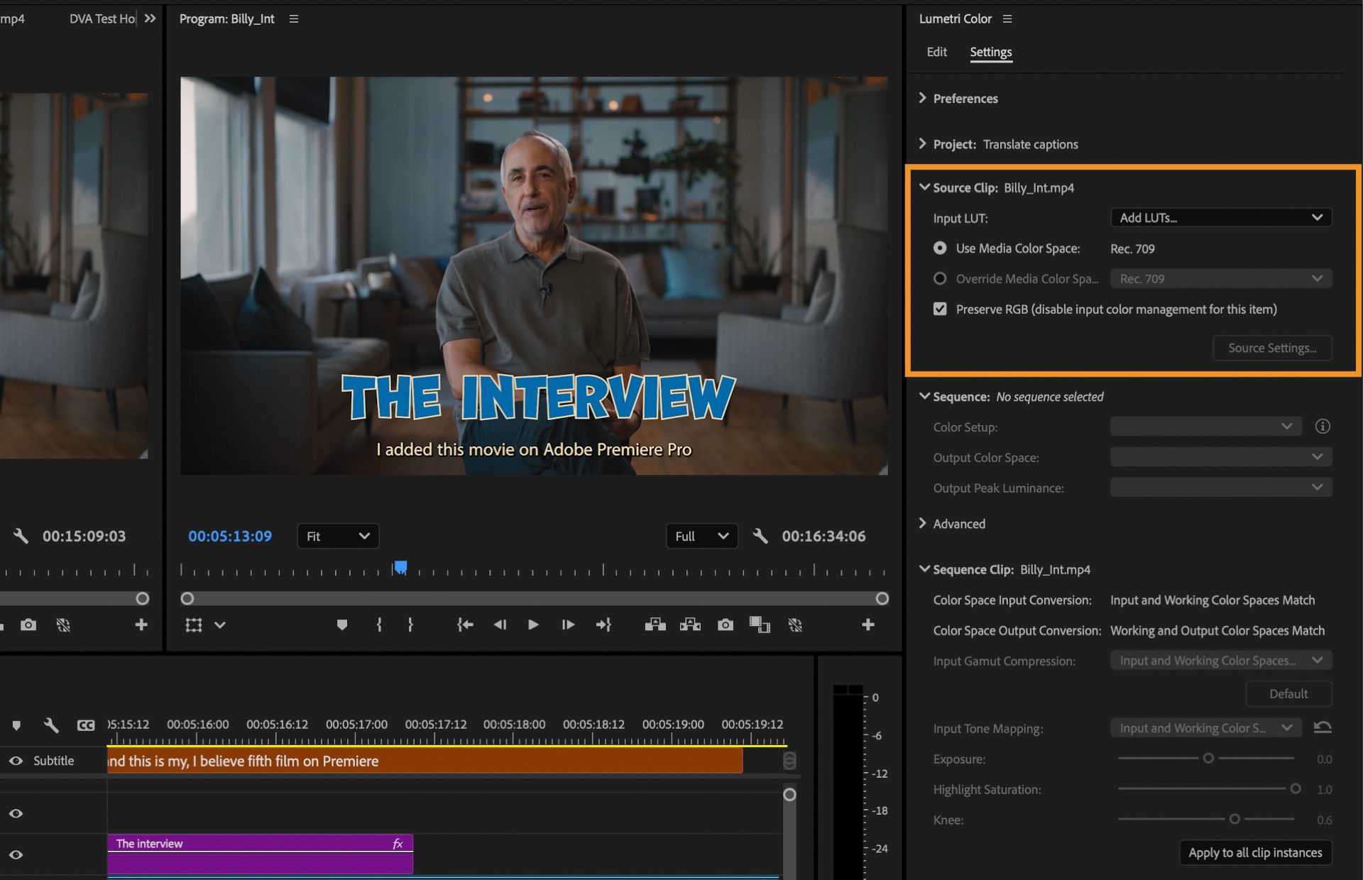 Access Source Clip controls to accurately identify and color grade your clip.