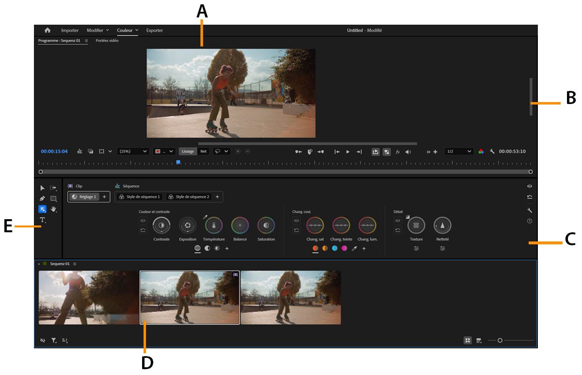 Interface du mode colorimétrique comportant un en-tête, un moniteur, un panneau Outils colorimétriques, une grille de clips et une barre d'outils.
