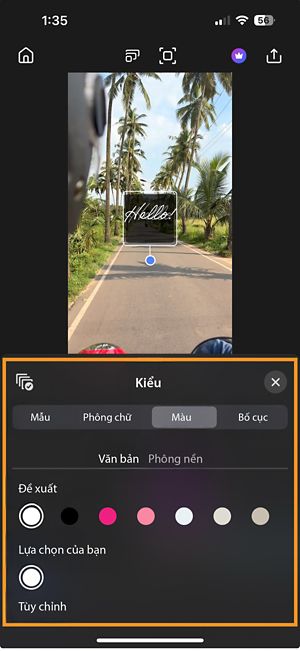 Phần cài đặt màu mở ra, hiển thị hai thẻ — Văn bản và Nền — với các tùy chọn gồm Màu được đề xuất, Màu bạn chọn và Nhập màu tùy chỉnh.
