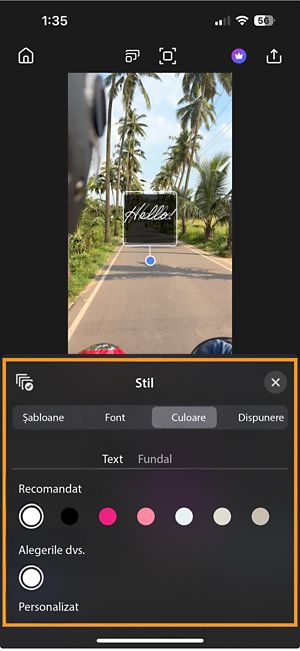 Setările de culoare sunt deschise, afișând două file—Text și Fundal—cu opțiuni pentru Recomandate, Alegerile tale și Introducere personalizată.