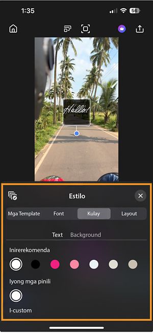 Nagbubukas ang mga setting ng kulay, nagpapakita ng dalawang tab—Text at Background—na may mga opsyon para sa Recommended, Your picks, at Custom entry.