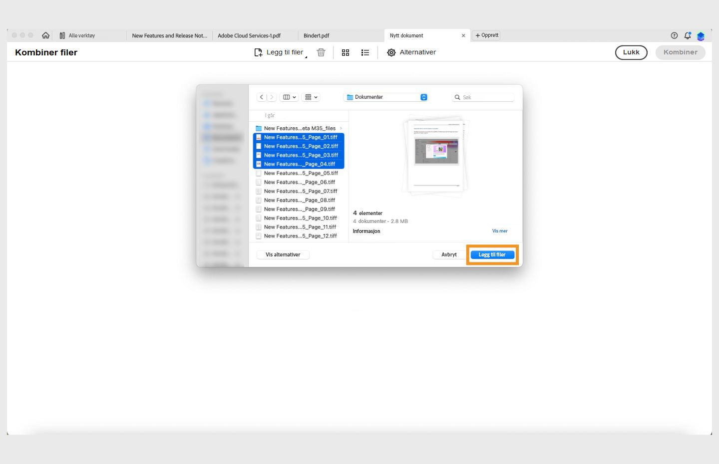 Dialogboksen med Åpne PDF-filer er åpen. Knappen Legg til filer er uthevet. 