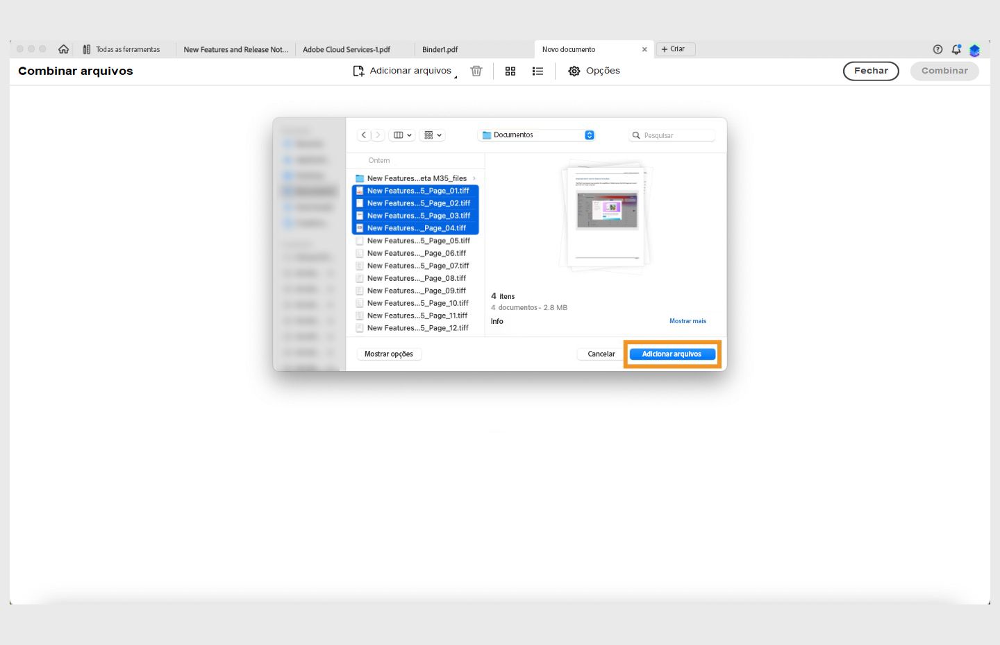 Isso abrirá a caixa de diálogo Abrir arquivos PDF. O botão Adicionar arquivos está destacado. 