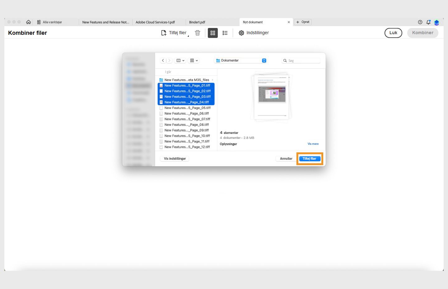 Dialogboksen Åbn PDF-filer er åben. Knappen Tilføj filer er fremhævet. 
