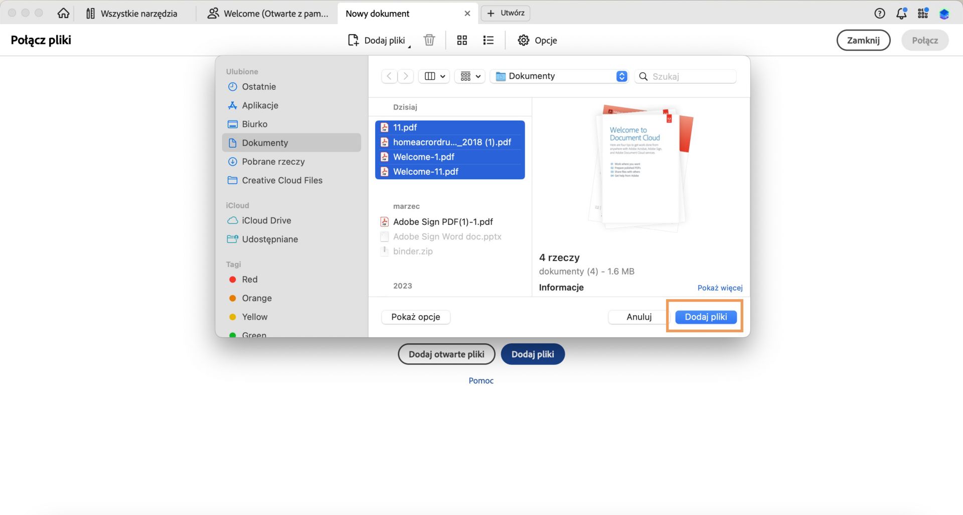 Otwarte okno dialogowe Otwarte pliki PDF. Podświetlony przycisk Dodaj pliki. 
