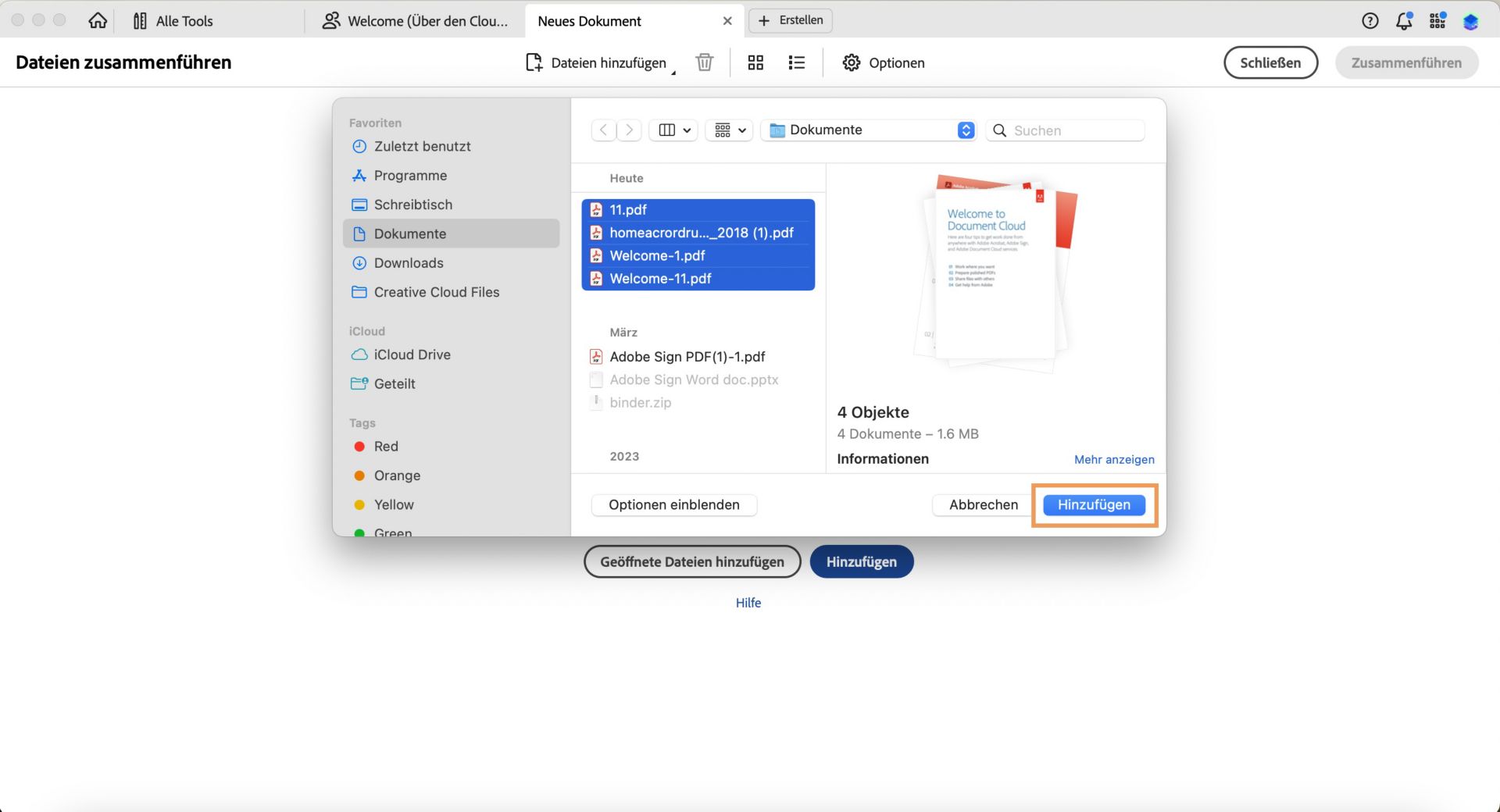 Das Dialogfeld „PDF-Dateien öffnen“ ist geöffnet. Die Schaltfläche „Dateien hinzufügen“ ist markiert. 