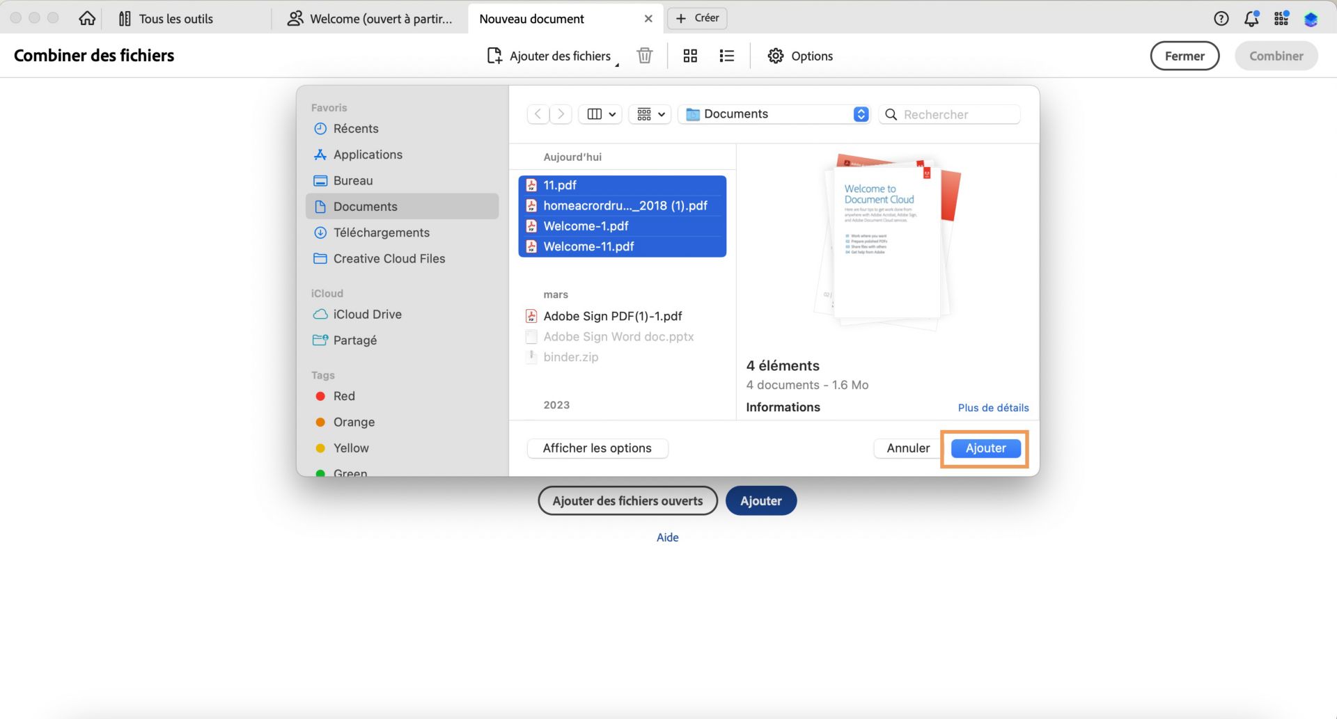 La boîte de dialogue Ouvrir des fichiers PDF est ouverte. Le bouton Ajouter des fichiers est mis en surbrillance. 