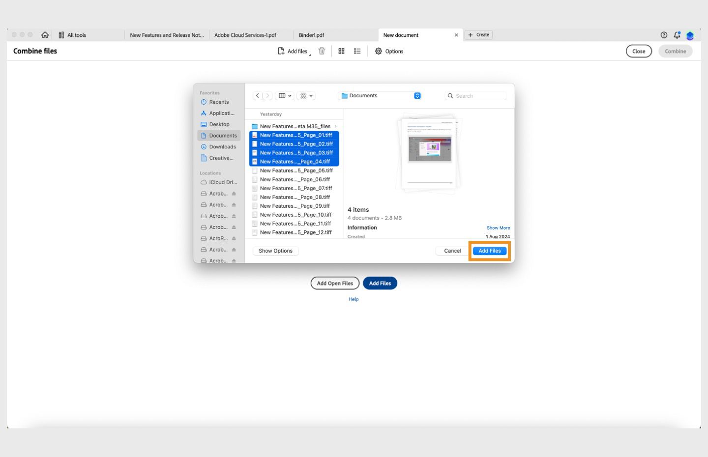 يتم فتح مربع الحوار Open PDF Files. يتم تمييز الزر Add files. 