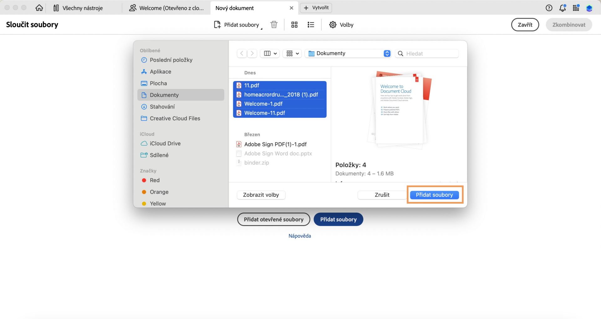 Otevře se dialogové okno Otevřít soubory PDF. Tlačítko Přidat soubory je zvýrazněno. 