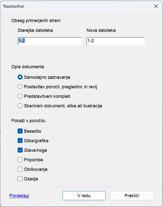 Nastavitve za primerjavo datotek