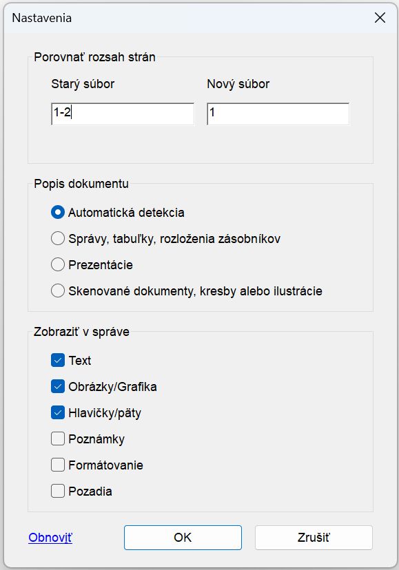 Nastavenia pre funkciu Porovnať súbory